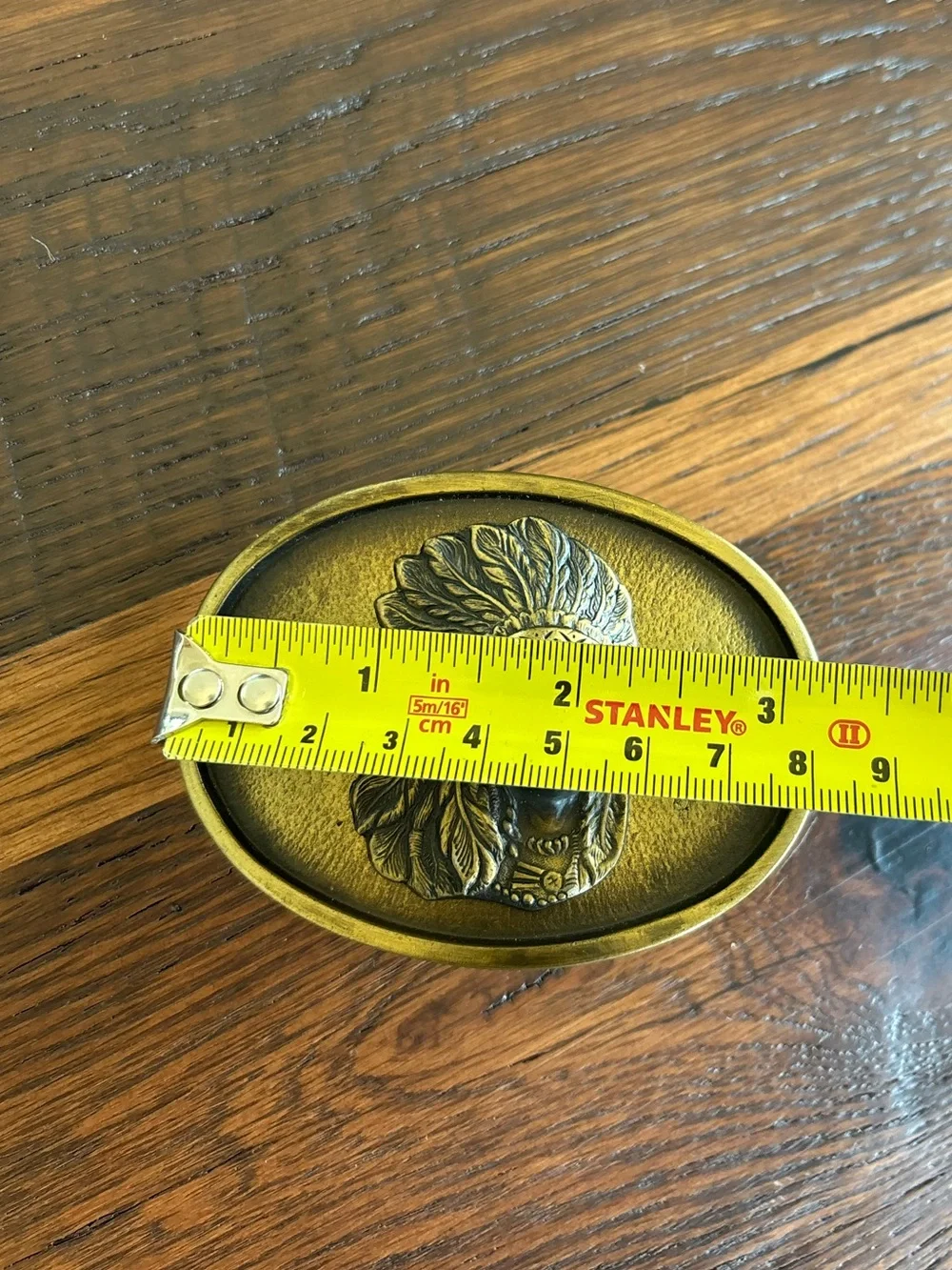 Vintage Solid Brass Belt Buckle, Indian Chief Headdress, Oval, Native American